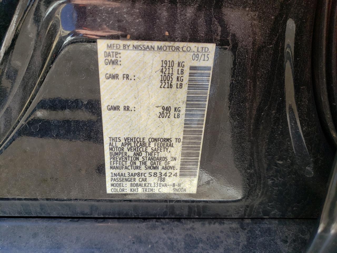 Photo 10 from auction – 2015 NISSAN ALTIMA 2.5 with VIN 1N4AL3AP8FC583424