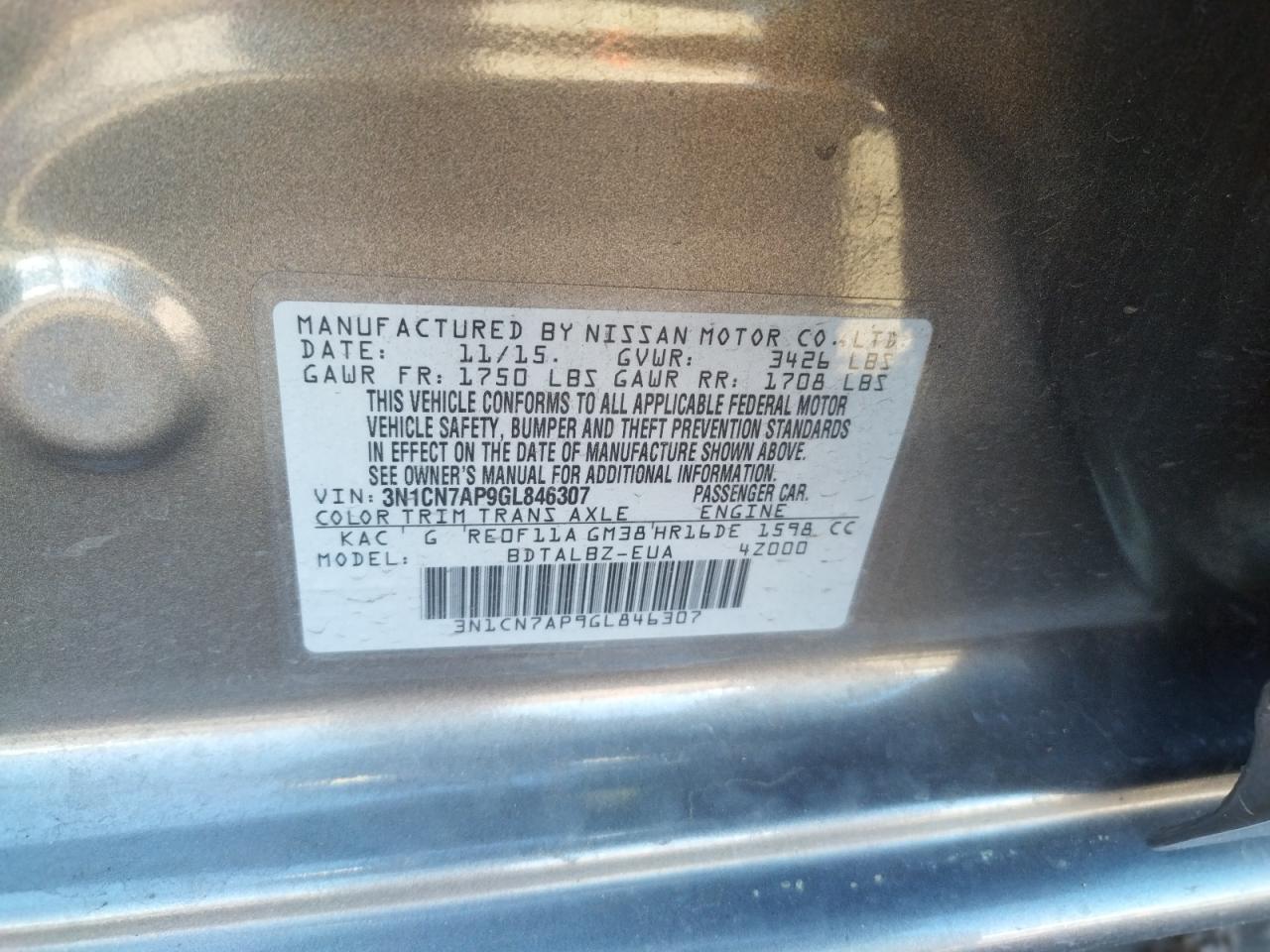 Photo 10 from auction – 2016 NISSAN VERSA S with VIN 3N1CN7AP9GL846307