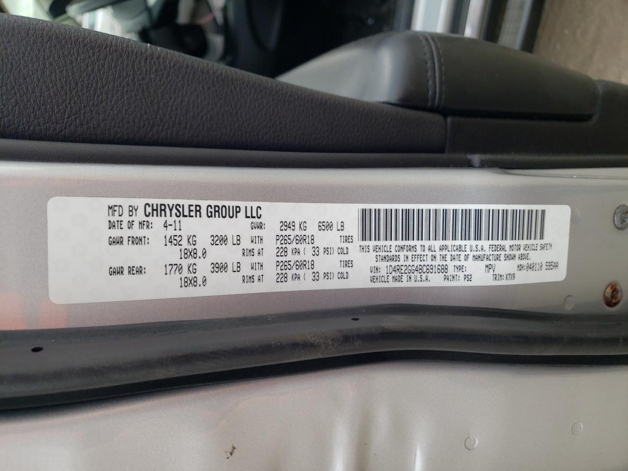 Photo 10 from auction – 2011 DODGE DURANGO EX with VIN 1D4RE2GG4BC691688