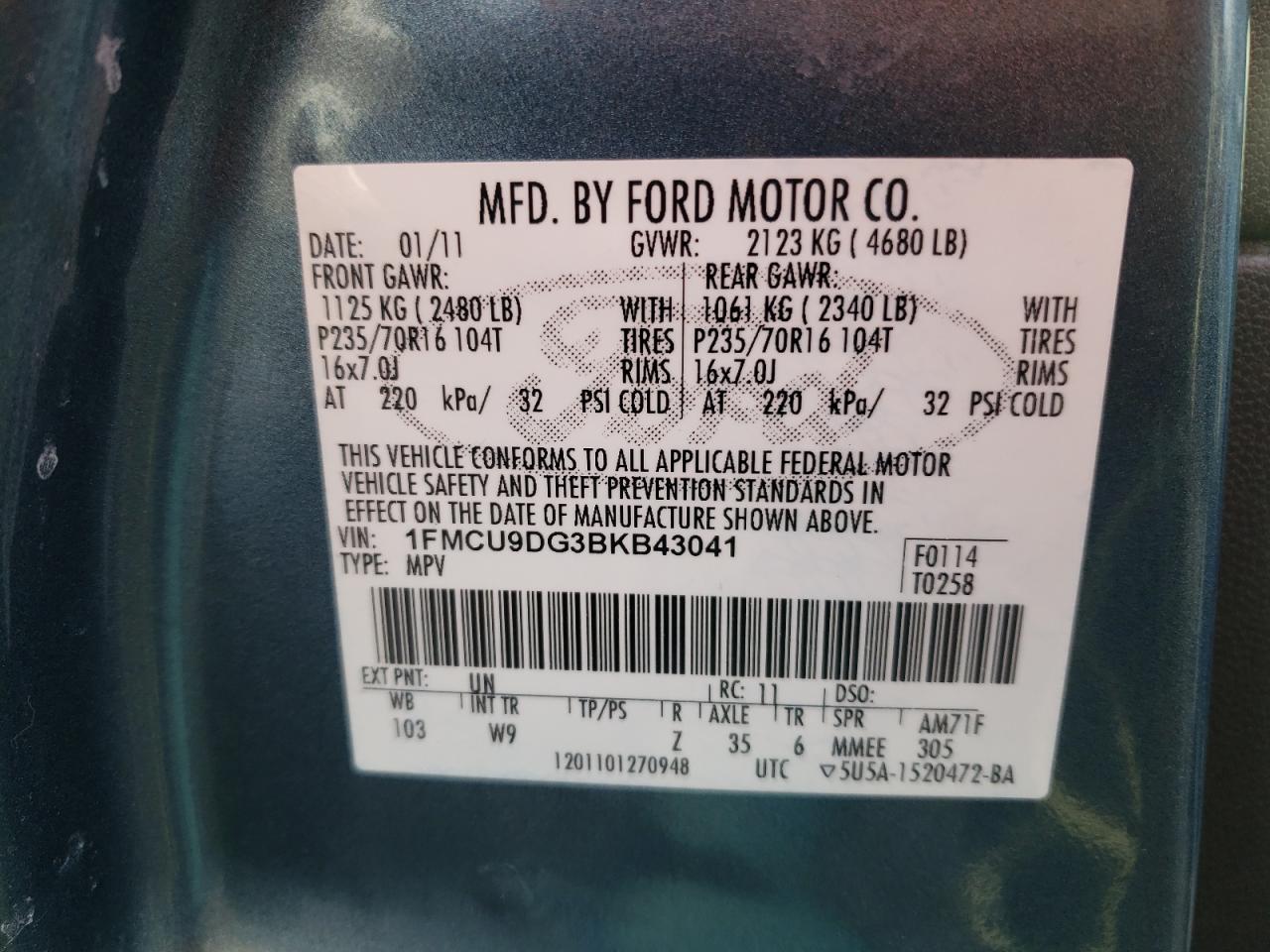 Photo 10 from auction – 2011 FORD ESCAPE XLT with VIN 1FMCU9DG3BKB43041