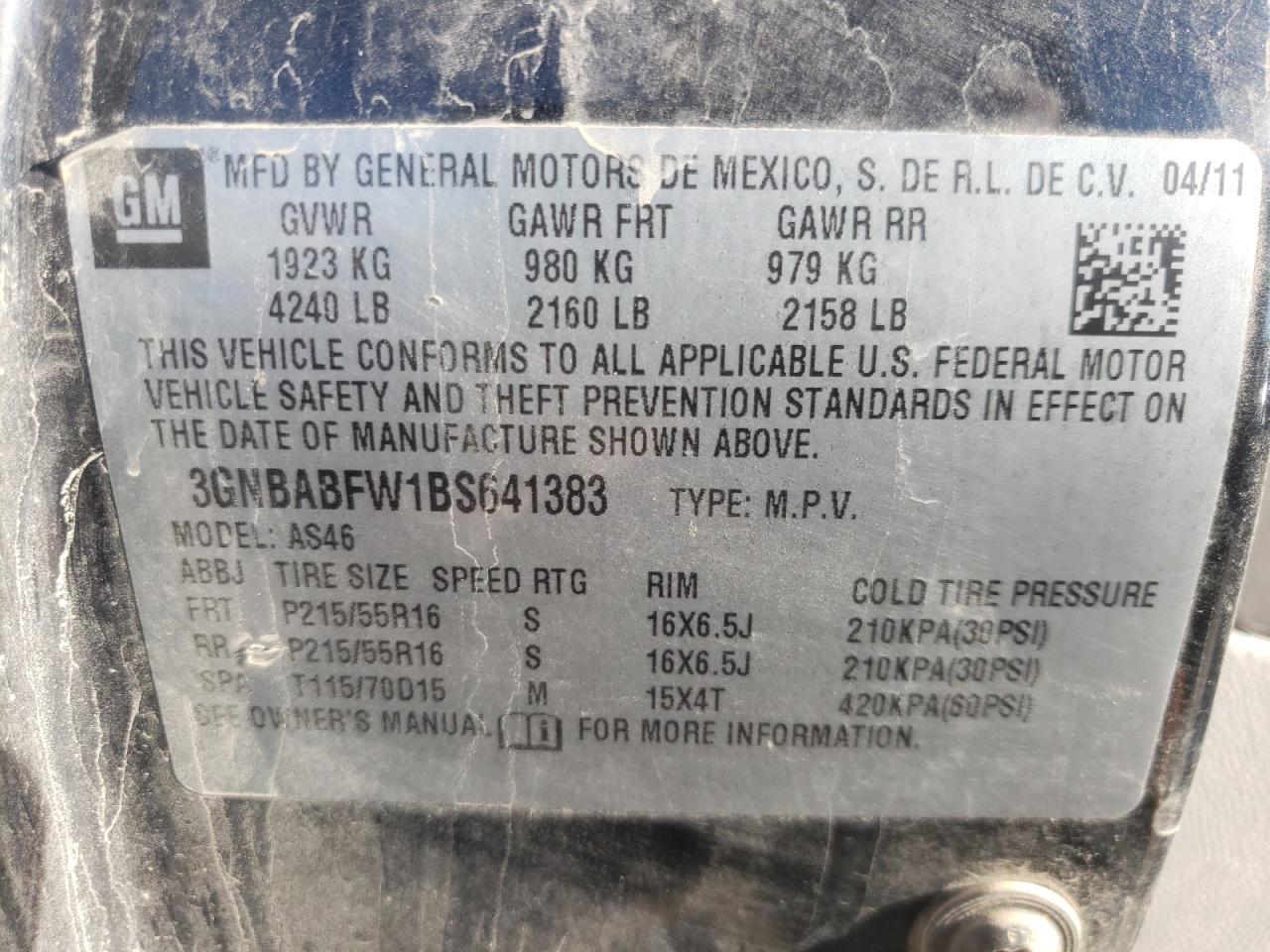 Photo 10 from auction – 2011 CHEVROLET HHR LT with VIN 3GNBABFW1BS641383