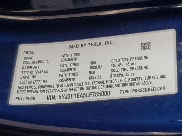Photo 10 from auction – 2020 TESLA MODEL 3 with VIN 5YJ3E1EA5LF785000