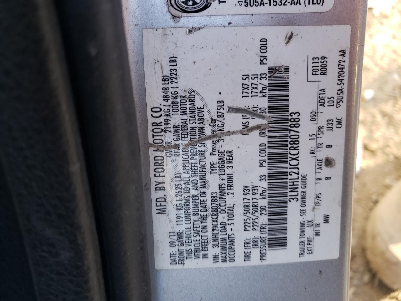 Photo 10 from auction – 2012 LINCOLN MKZ with VIN 3LNHL2JCXCR807883