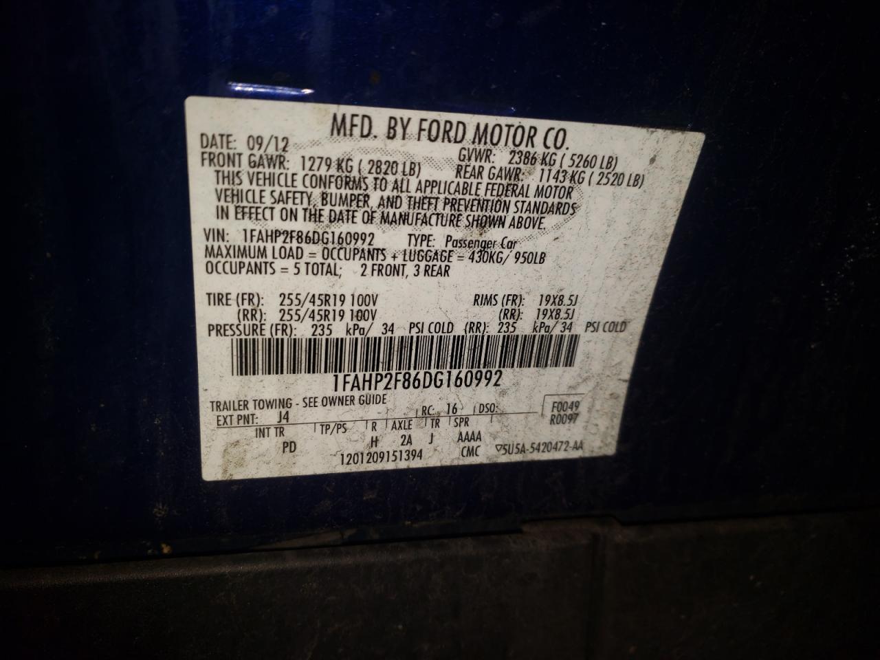 Photo 10 from auction – 2013 FORD TAURUS LIM with VIN 1FAHP2F86DG160992