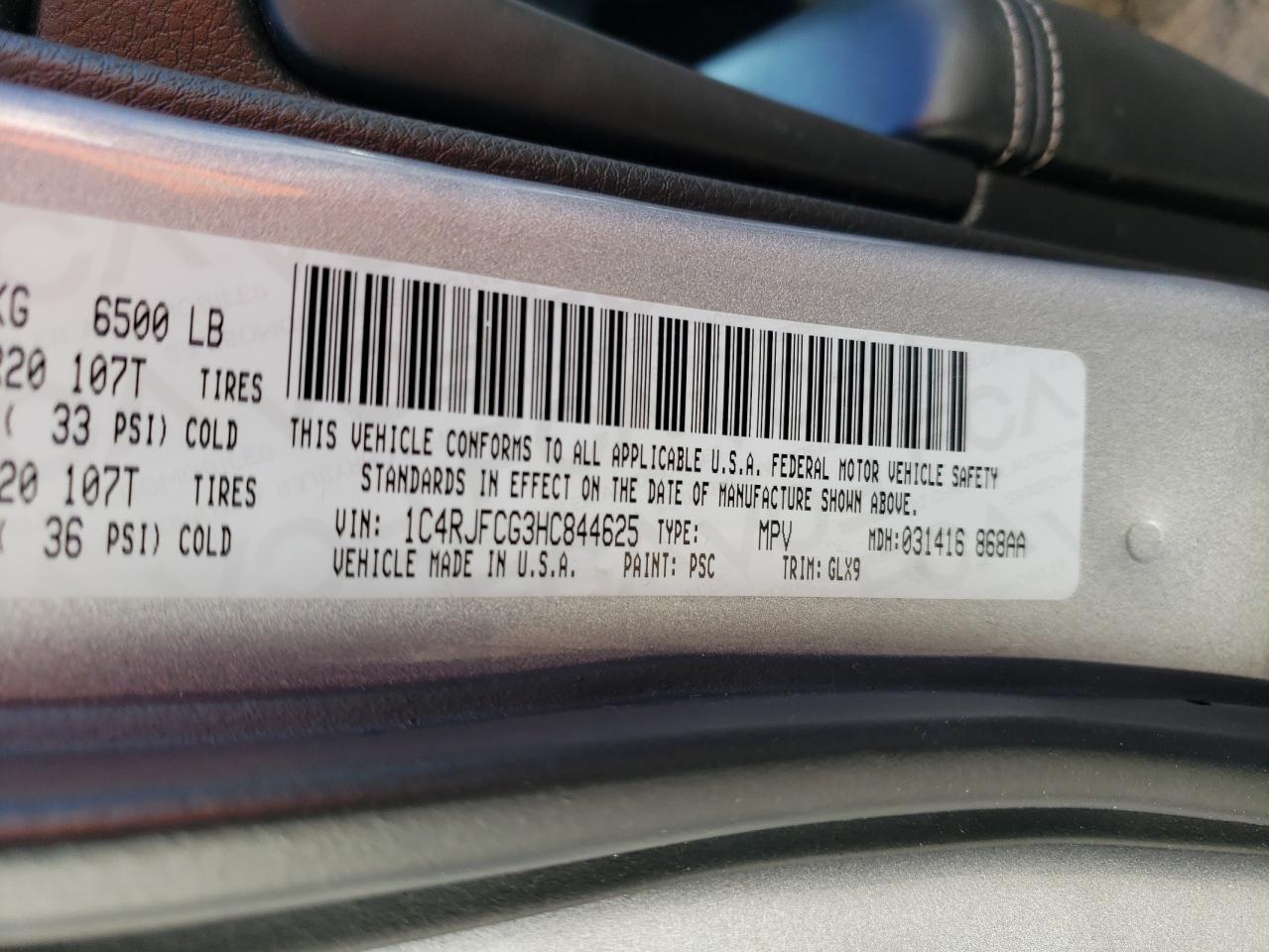 Photo 10 from auction – 2017 JEEP GRAND CHER with VIN 1C4RJFCG3HC844625