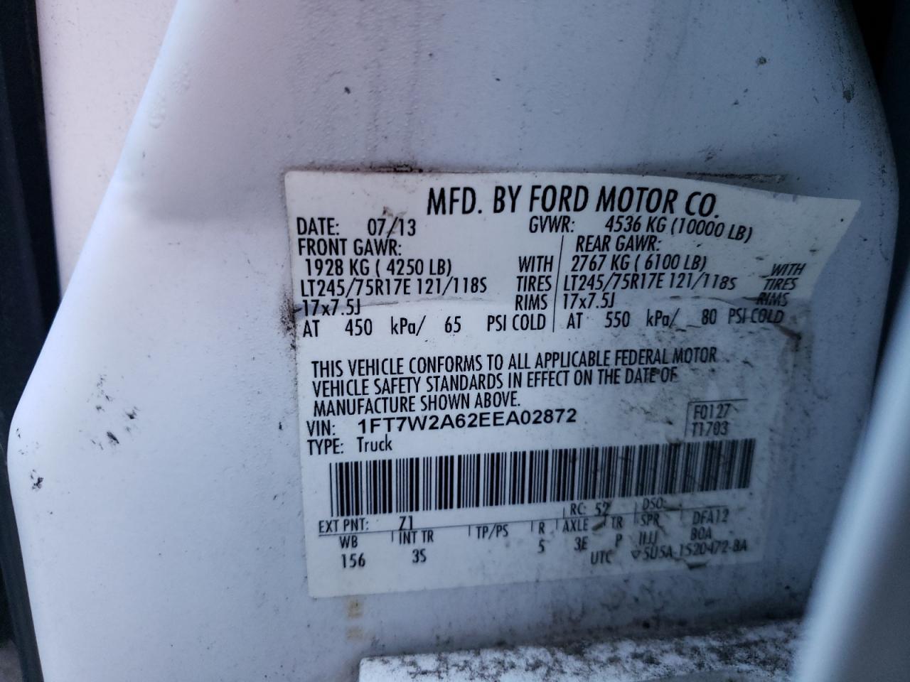 Photo 10 from auction – 2014 FORD F250 SUPER with VIN 1FT7W2A62EEA02872