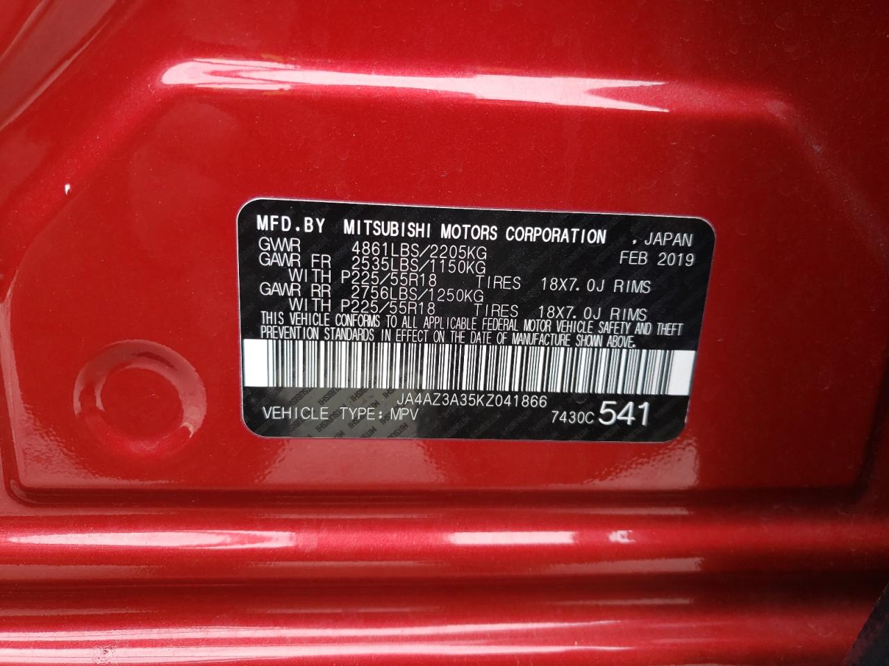 Photo 10 from auction – 2019 MITSUBISHI OUTLANDER with VIN JA4AZ3A35KZ041866