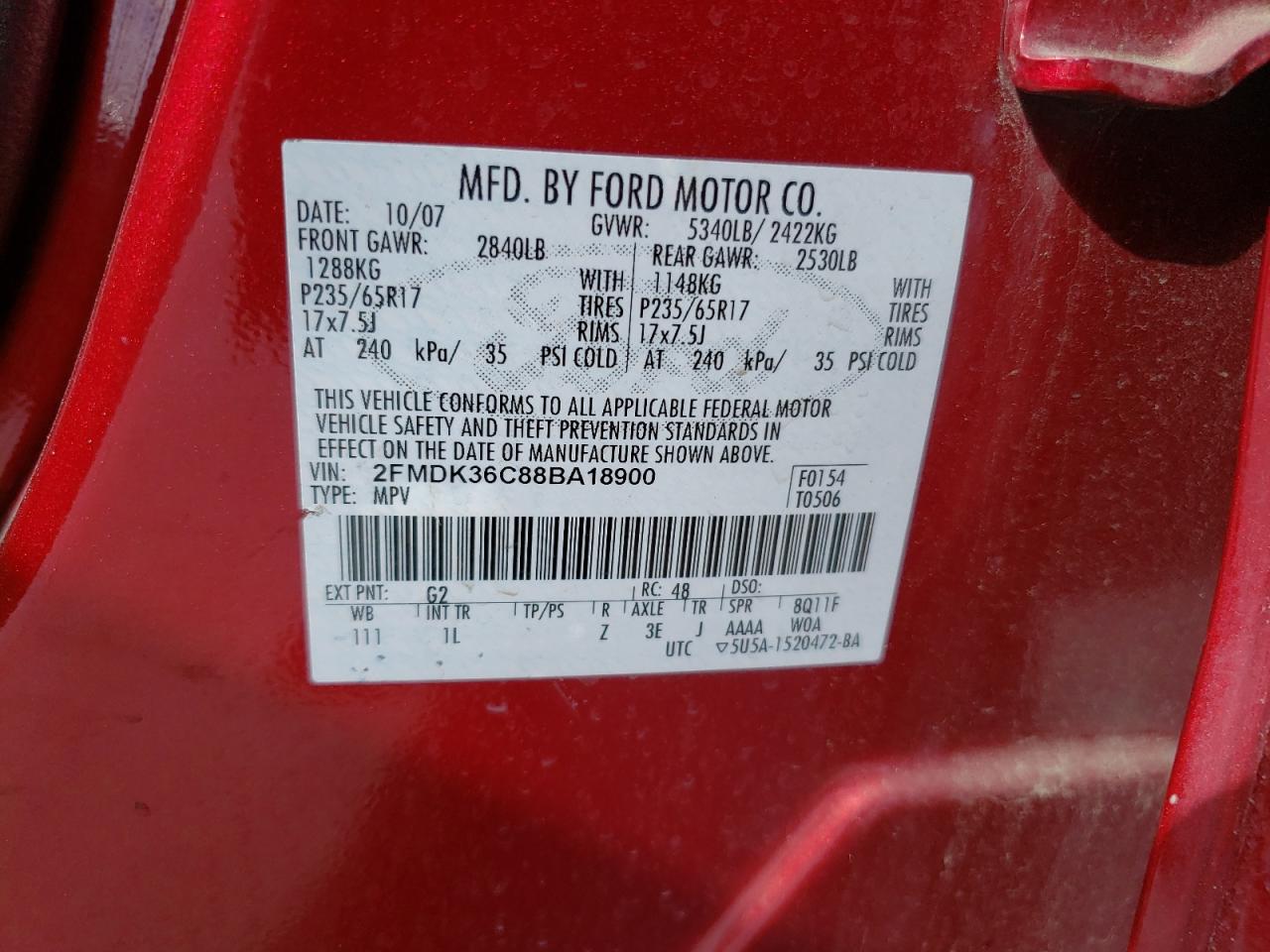 Photo 10 from auction – 2008 FORD EDGE SE with VIN 2FMDK36C88BA18900