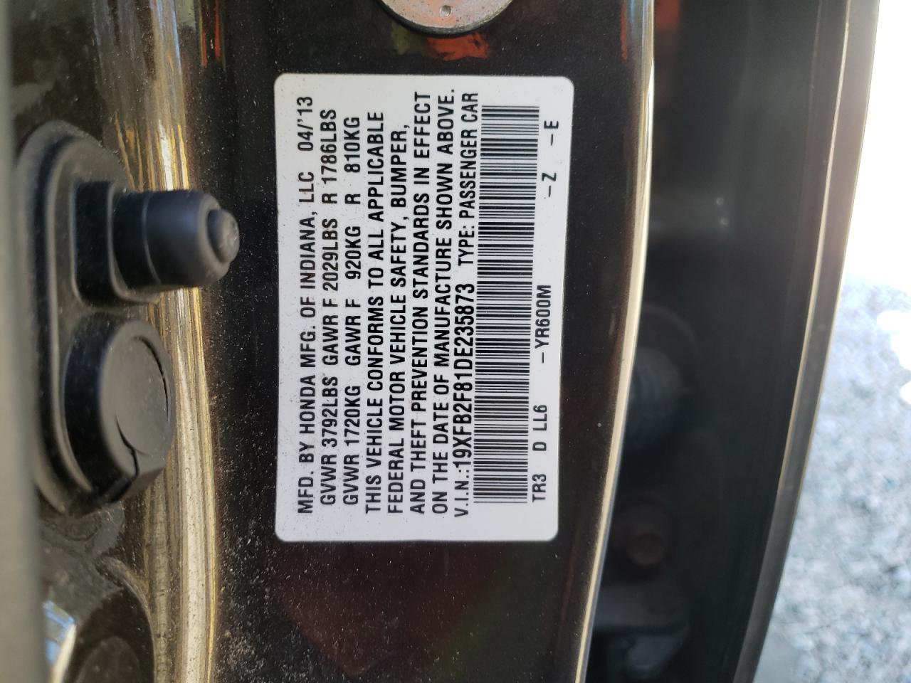 Photo 10 from auction – 2013 HONDA CIVIC EX with VIN 19XFB2F81DE235873