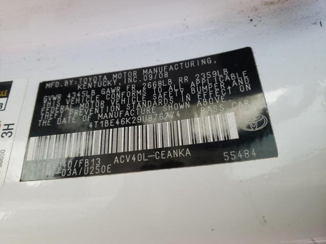 Photo 10 from auction – 2009 TOYOTA CAMRY with VIN 4T1BE46K29U876774
