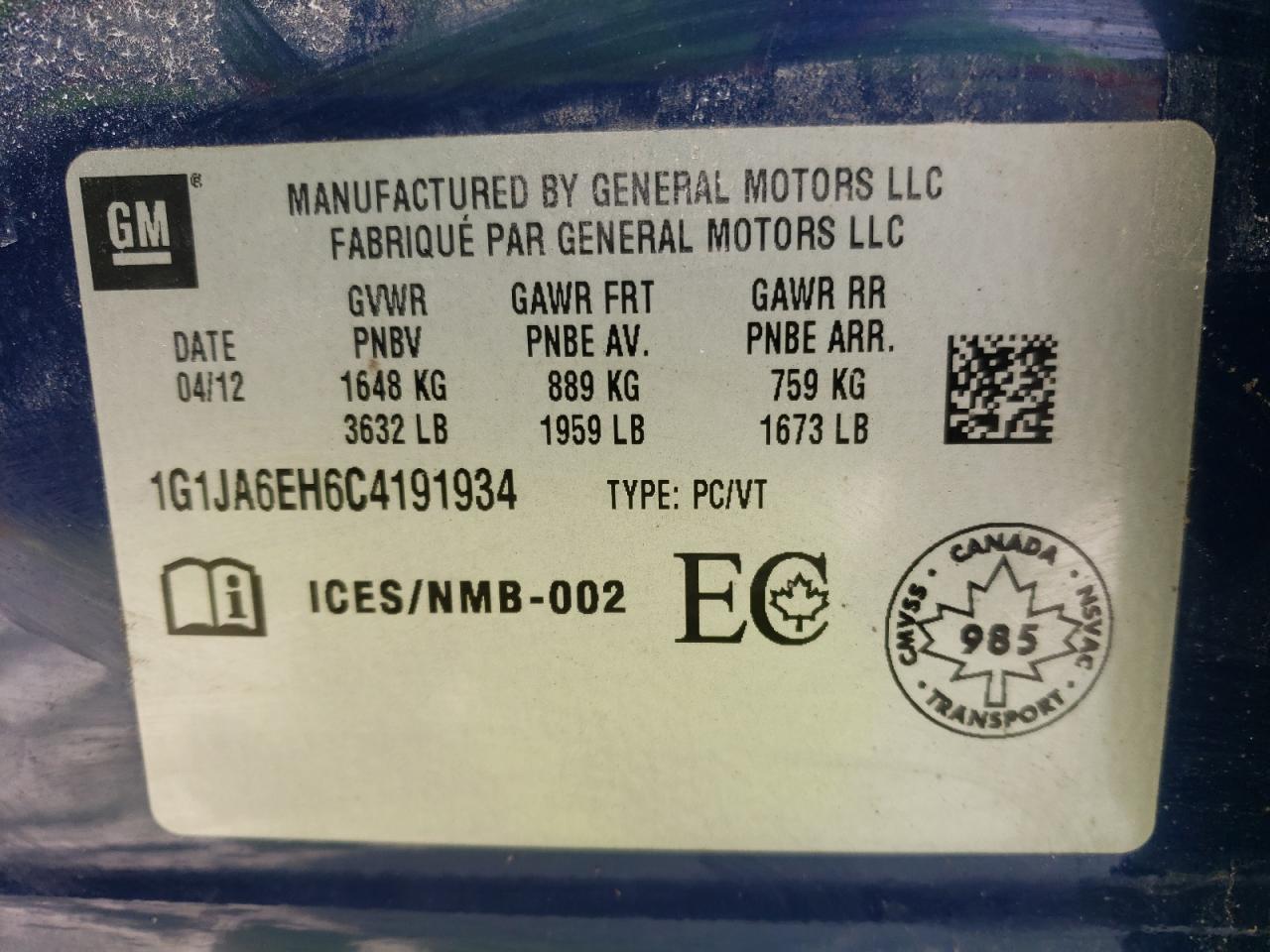 Photo 10 from auction – 2012 CHEVROLET SONIC LS with VIN 1G1JA6EH6C4191934