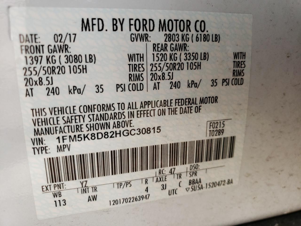 Photo 10 from auction – 2017 FORD EXPLORER X with VIN 1FM5K8D82HGC30815
