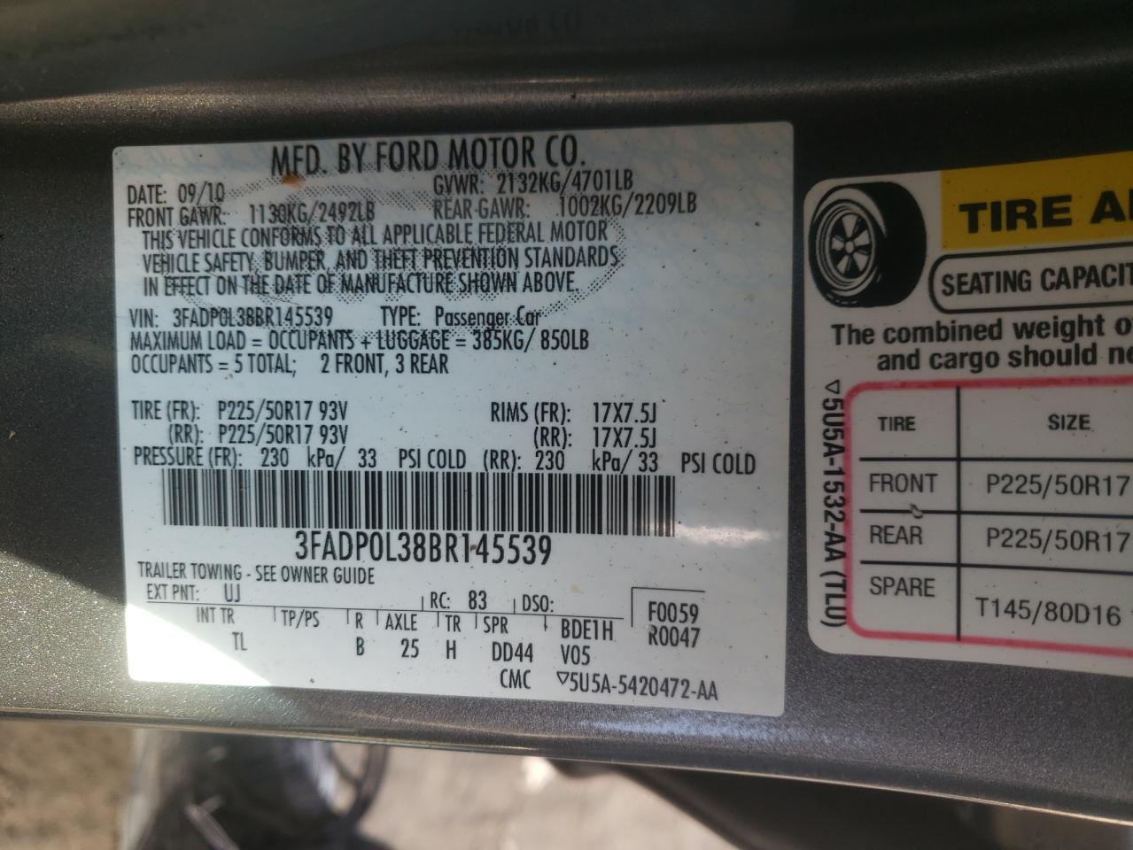 Photo 10 from auction – 2011 FORD FUSION HYB with VIN 3FADP0L38BR145539