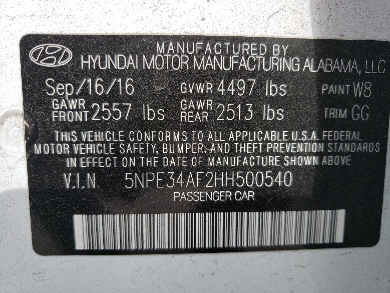 Photo 10 from auction – 2017 HYUNDAI SONATA SPO with VIN 5NPE34AF2HH500540