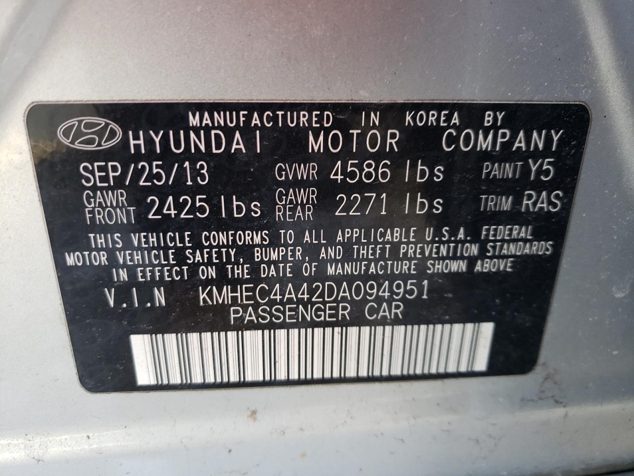 Photo 10 from auction – 2013 HYUNDAI SONATA HYB with VIN KMHEC4A42DA094951