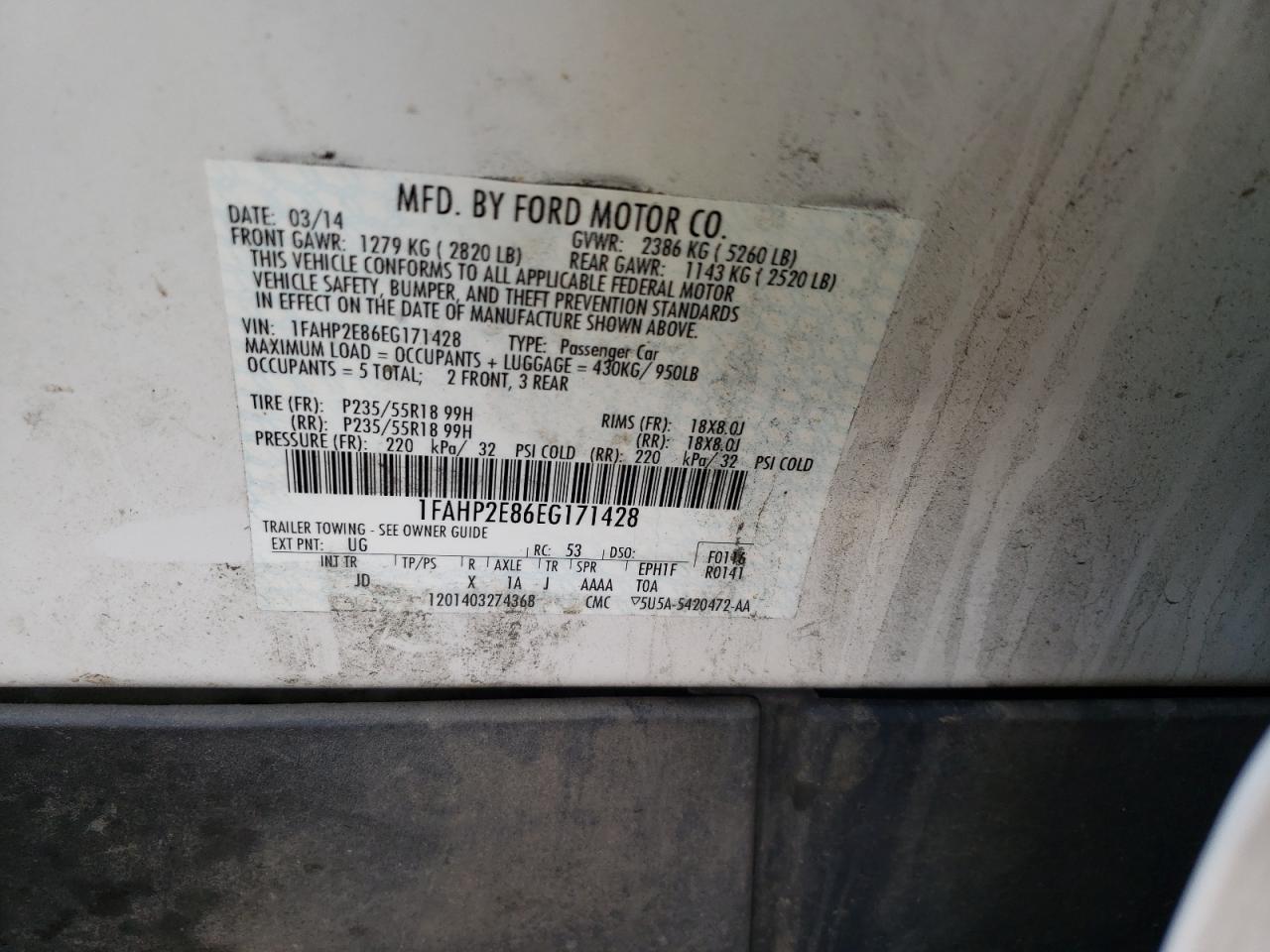 Photo 10 from auction – 2014 FORD TAURUS SEL with VIN 1FAHP2E86EG171428