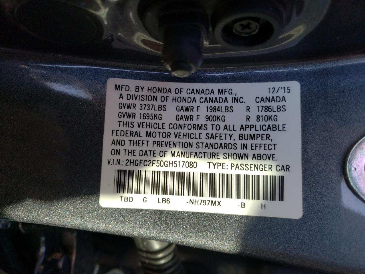 Photo 10 from auction – 2016 HONDA CIVIC LX with VIN 2HGFC2F50GH517080