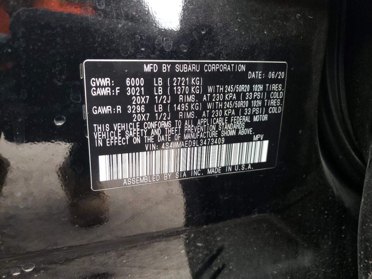 Photo 10 from auction – 2020 SUBARU ASCENT PRE with VIN 4S4WMAED9L3473409