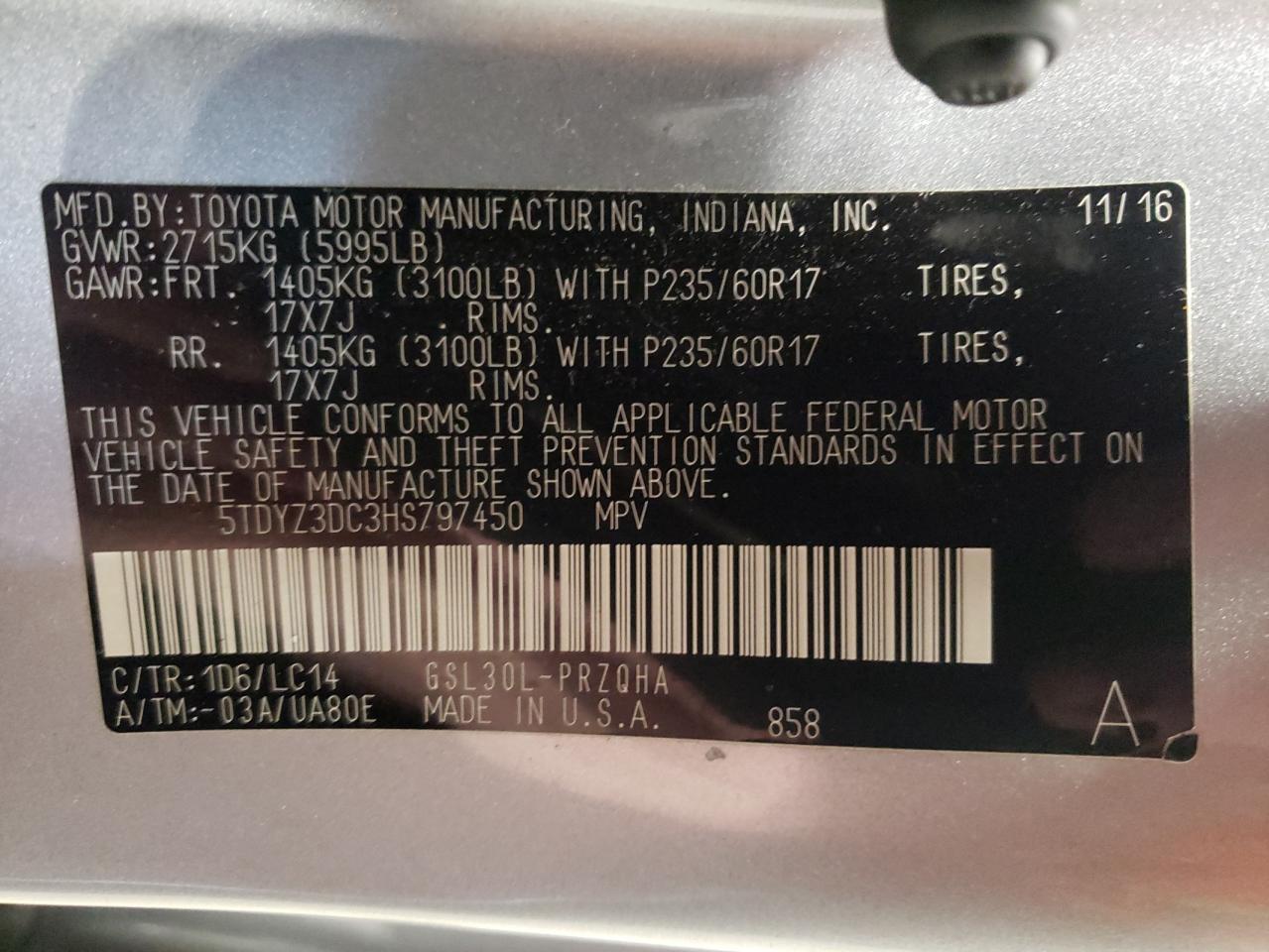 Photo 10 from auction – 2017 TOYOTA SIENNA XLE with VIN 5TDYZ3DC3HS797450