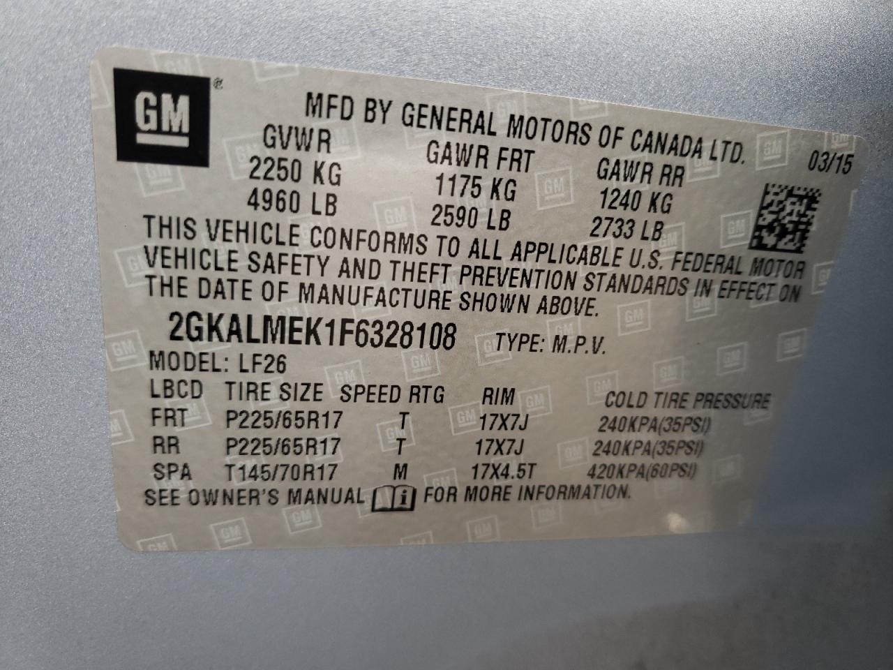 Photo 10 from auction – 2015 GMC TERRAIN SL with VIN 2GKALMEK1F6328108