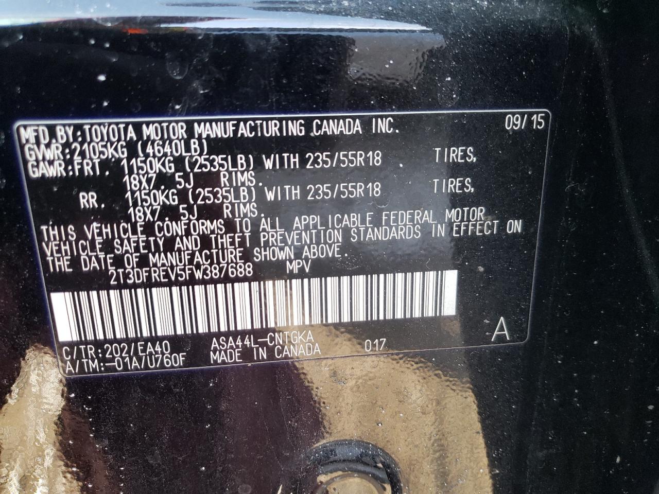 Photo 10 from auction – 2015 TOYOTA RAV4 LIMIT with VIN 2T3DFREV5FW387688