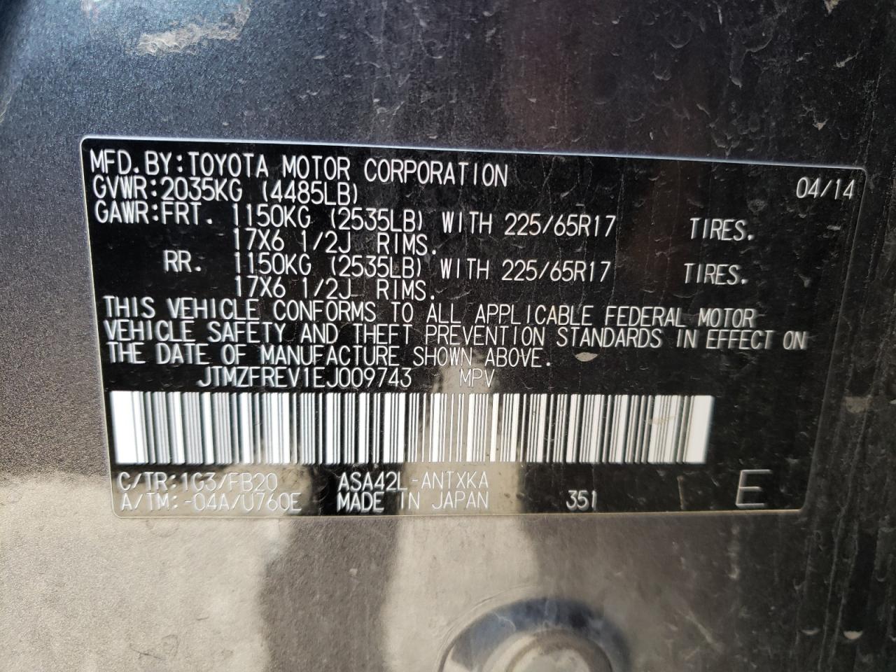 Photo 10 from auction – 2014 TOYOTA RAV4 LE with VIN JTMZFREV1EJ009743