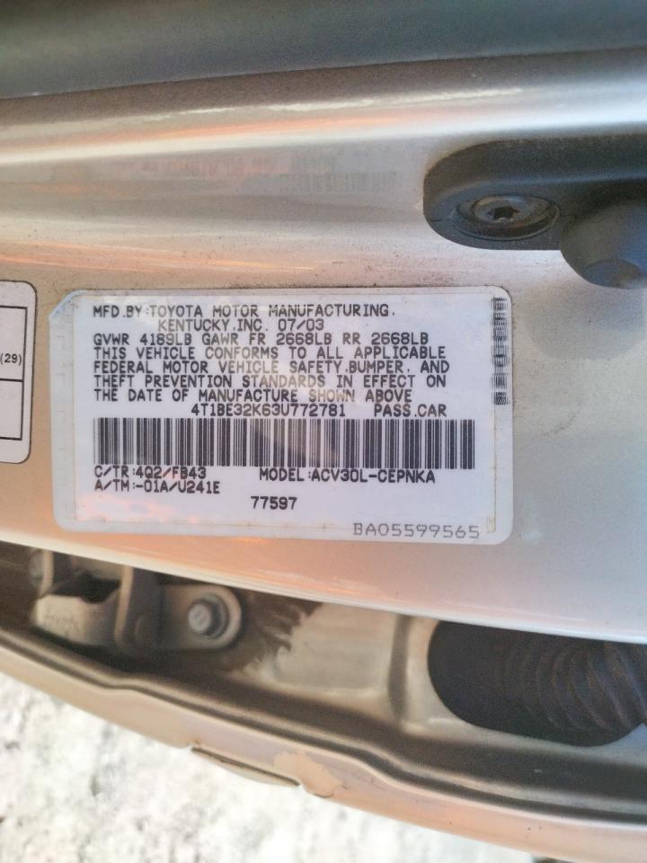 Photo 10 from auction – 2003 TOYOTA CAMRY LE with VIN 4T1BE32K63U772781