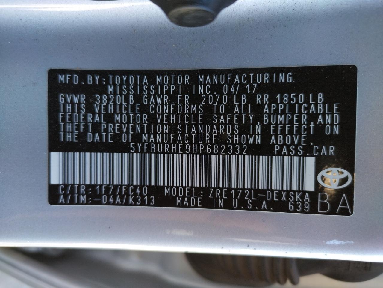 Photo 10 from auction – 2017 TOYOTA COROLLA L with VIN 5YFBURHE9HP682332