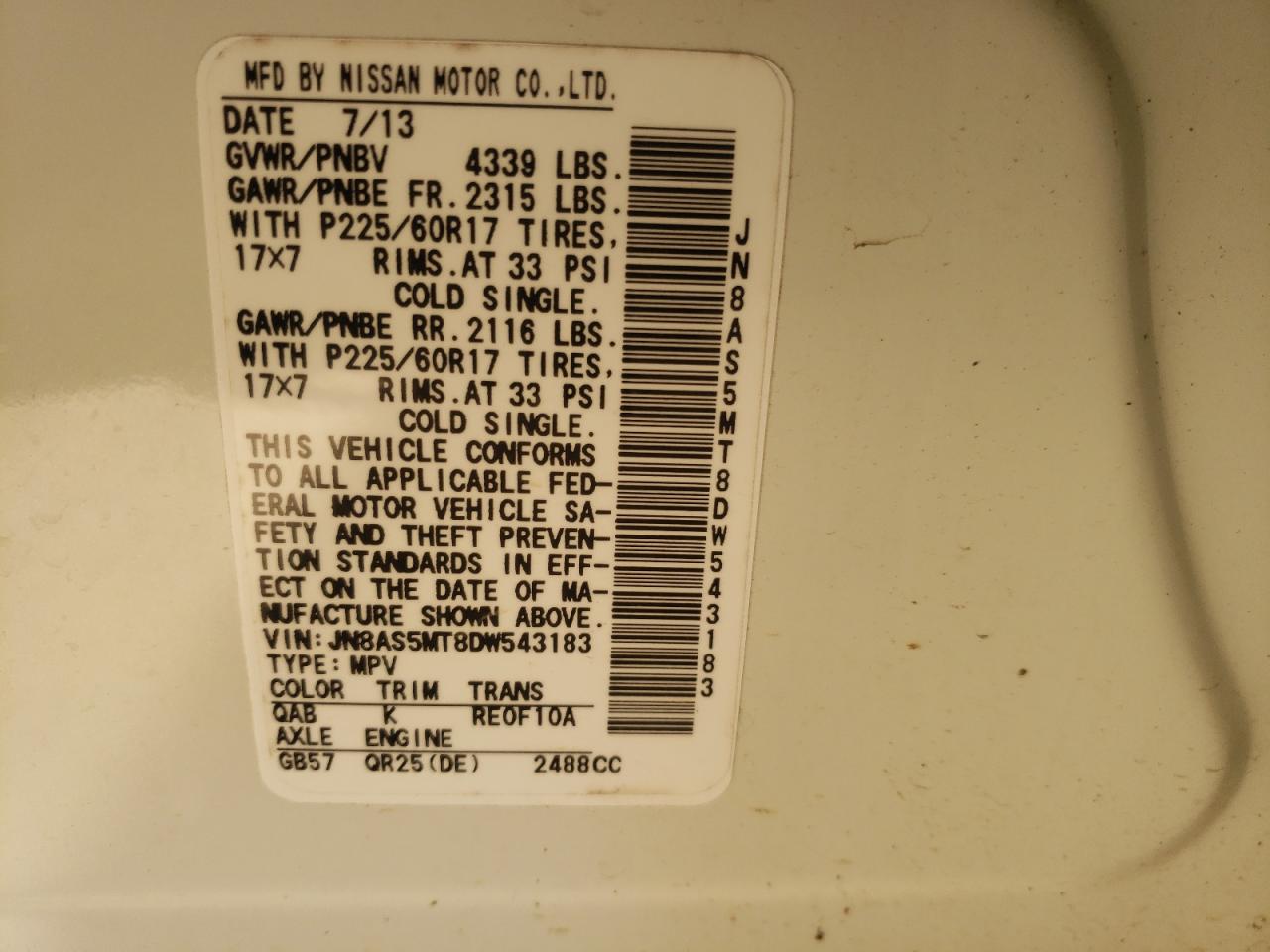 Photo 10 from auction – 2013 NISSAN ROGUE S with VIN JN8AS5MT8DW543183