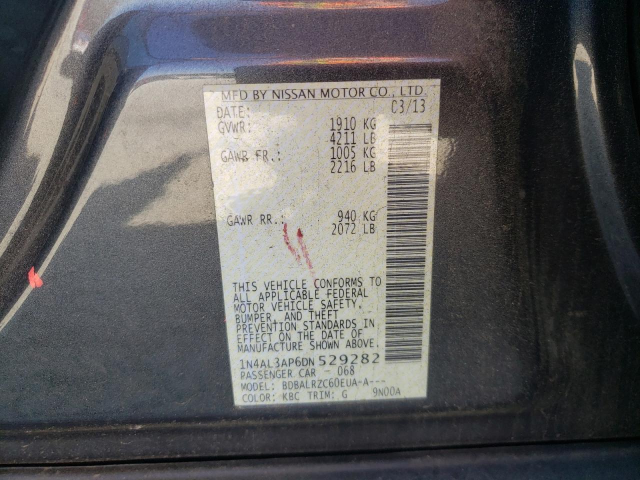 Photo 10 from auction – 2013 NISSAN ALTIMA 2.5 with VIN 1N4AL3AP6DN529282