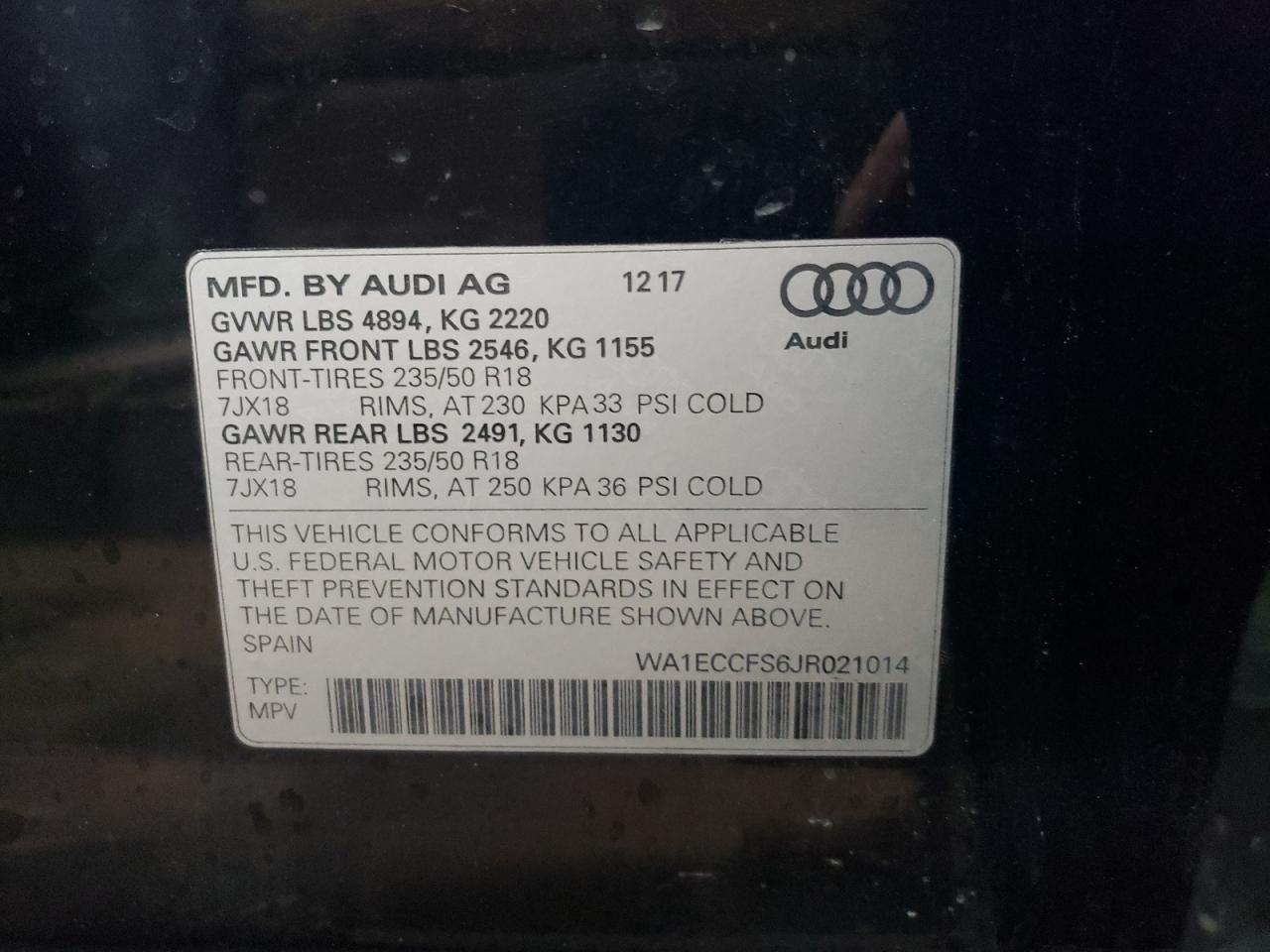 Photo 10 from auction – 2018 AUDI Q3 PREMIUM with VIN WA1ECCFS6JR021014