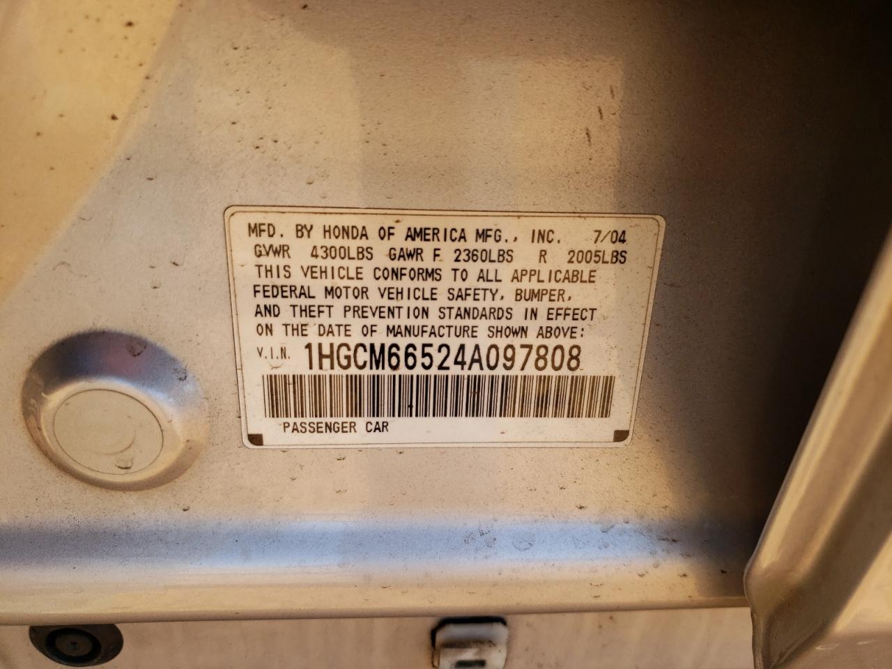 Photo 10 from auction – 2004 HONDA ACCORD EX with VIN 1HGCM66524A097808
