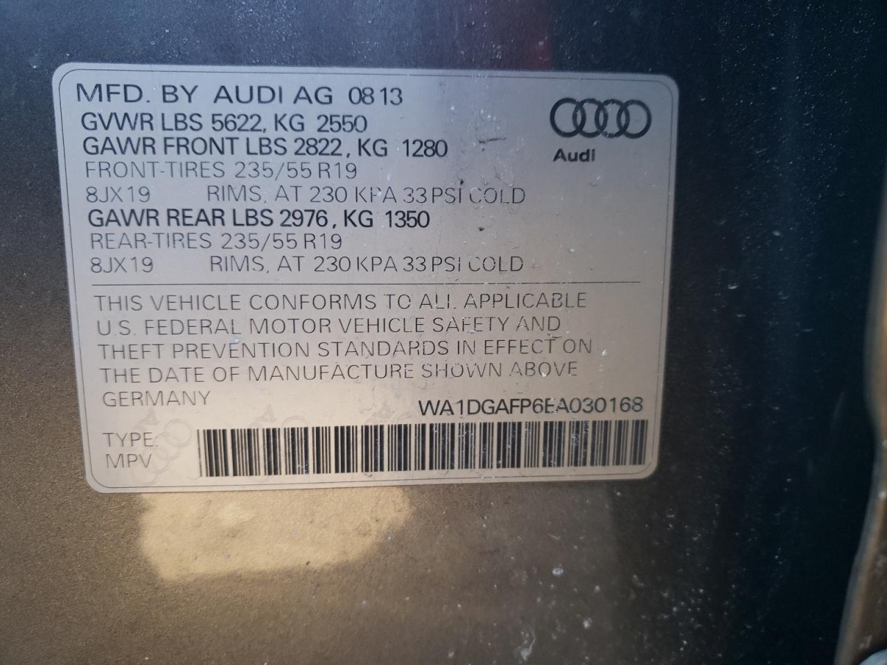 Photo 10 from auction – 2014 AUDI Q5 PREMIUM with VIN WA1DGAFP6EA030168