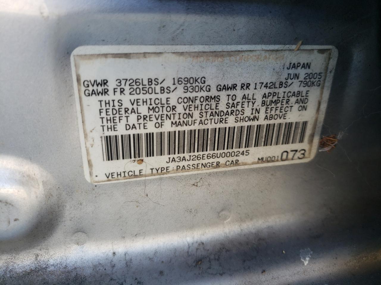 Photo 10 from auction – 2006 MITSUBISHI LANCER ES with VIN JA3AJ26E66U000245