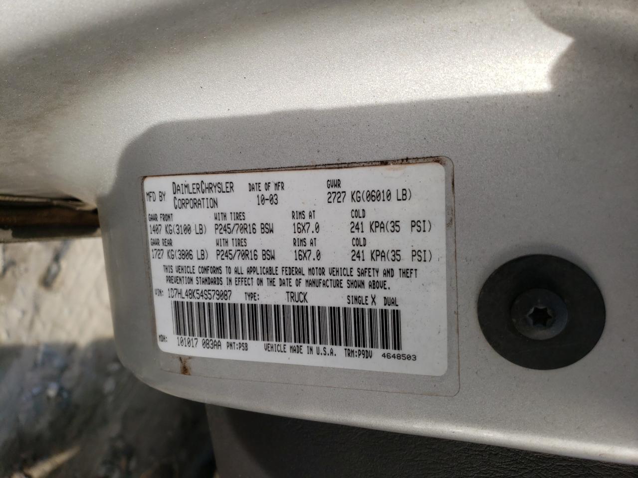 Photo 10 from auction – 2004 DODGE DAKOTA QUA with VIN 1D7HL48K54S579087