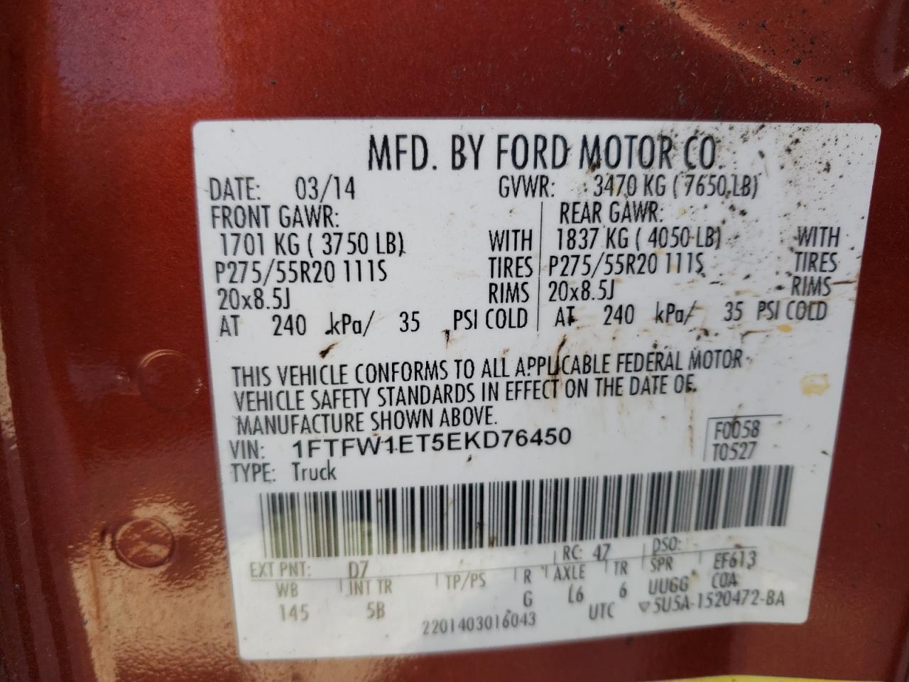 Photo 10 from auction – 2014 FORD F150 SUPER with VIN 1FTFW1ET5EKD76450