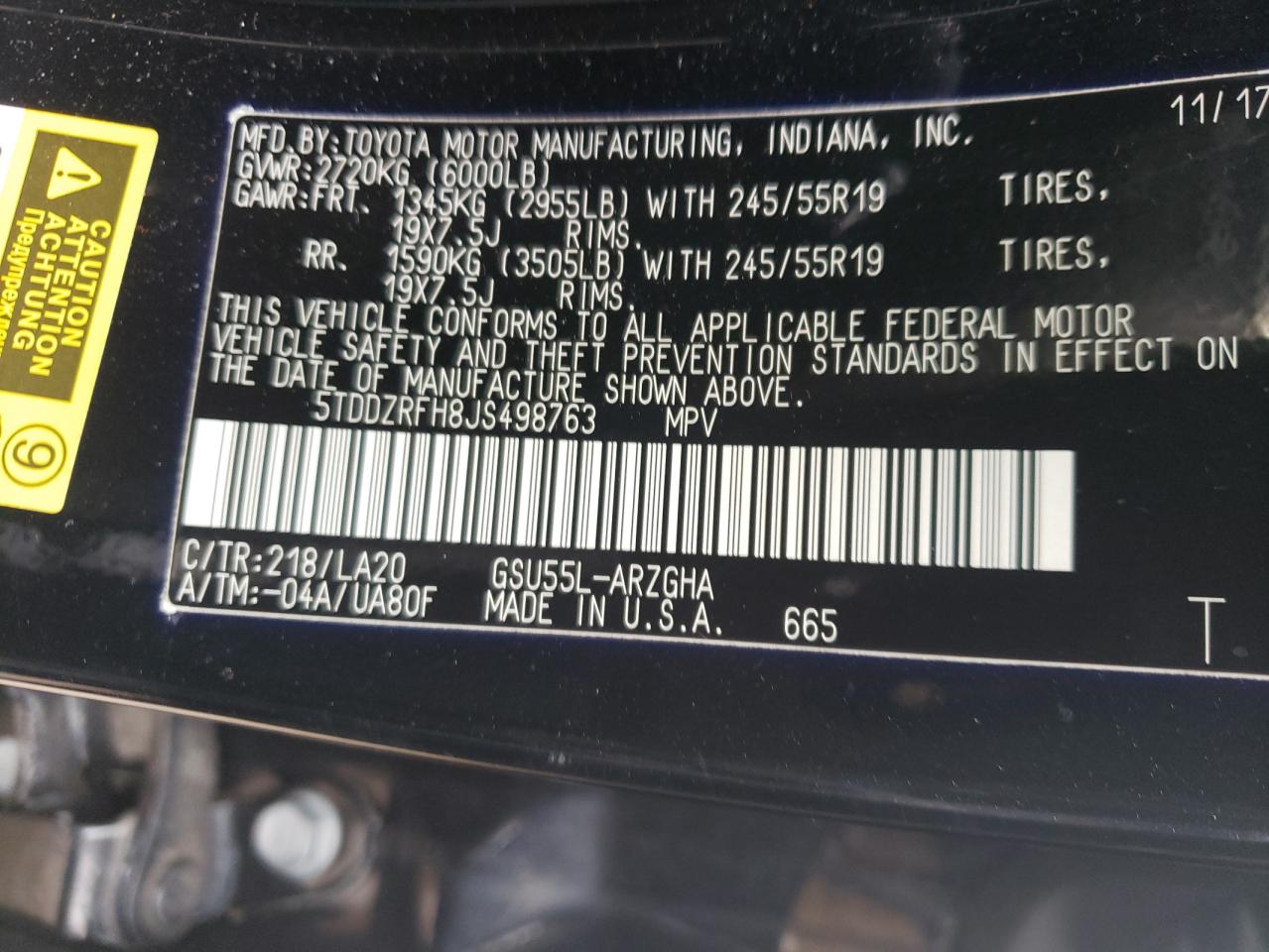 Photo 10 from auction – 2018 TOYOTA HIGHLANDER with VIN 5TDDZRFH8JS498763