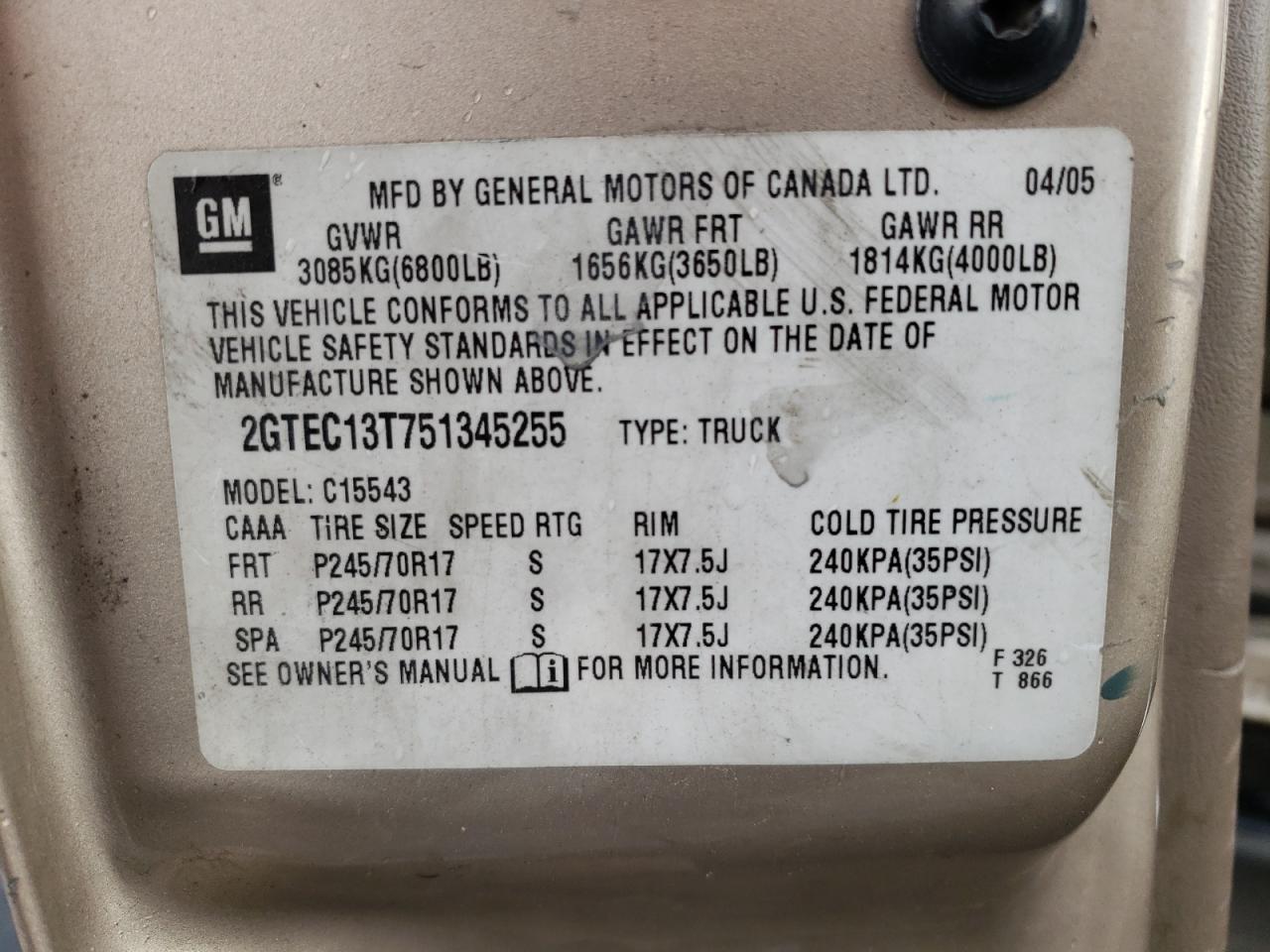 Photo 10 from auction – 2005 GMC NEW SIERRA with VIN 2GTEC13T751345255