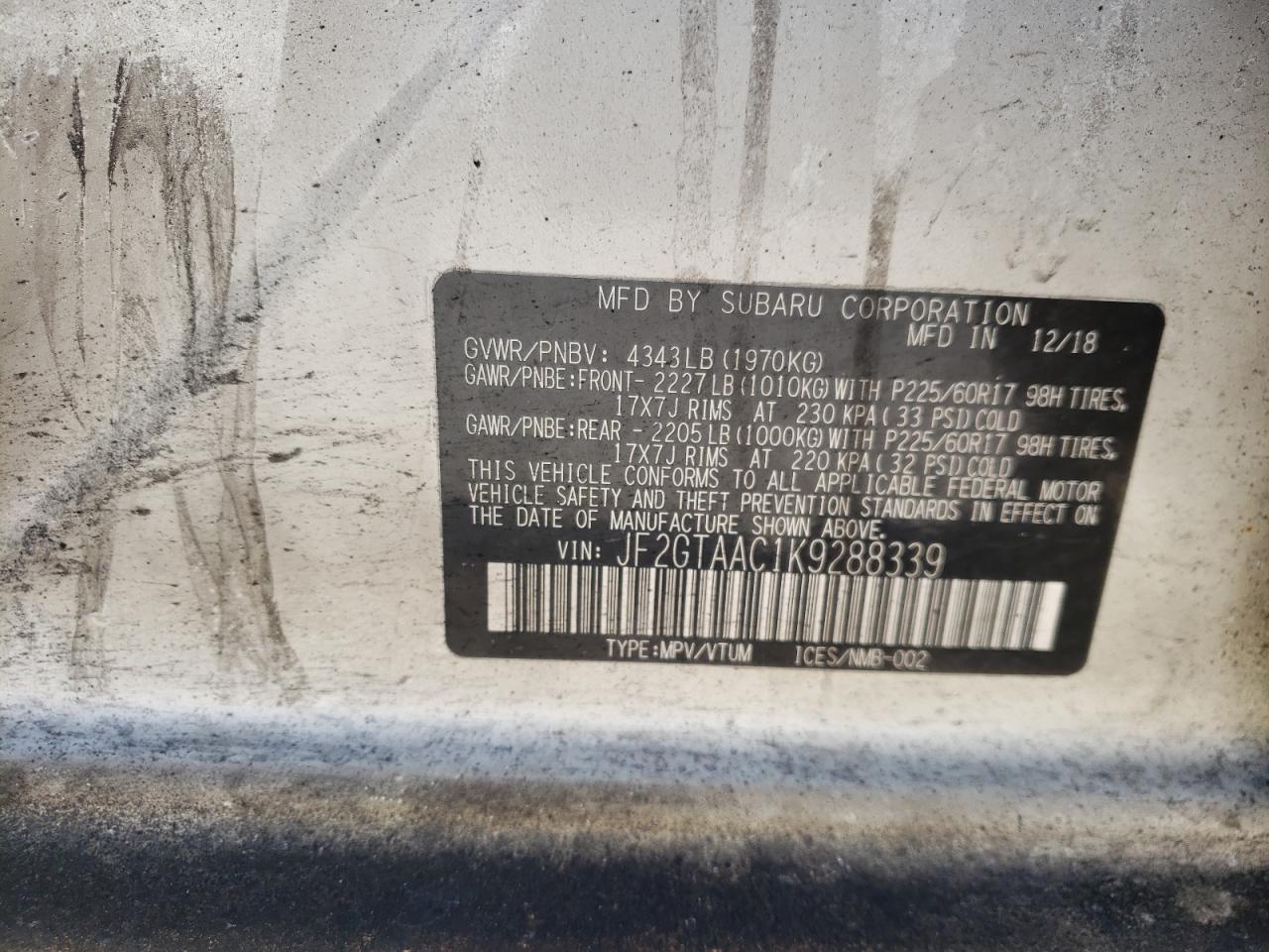 Photo 10 from auction – 2019 SUBARU CROSSTREK with VIN JF2GTAAC1K9288339