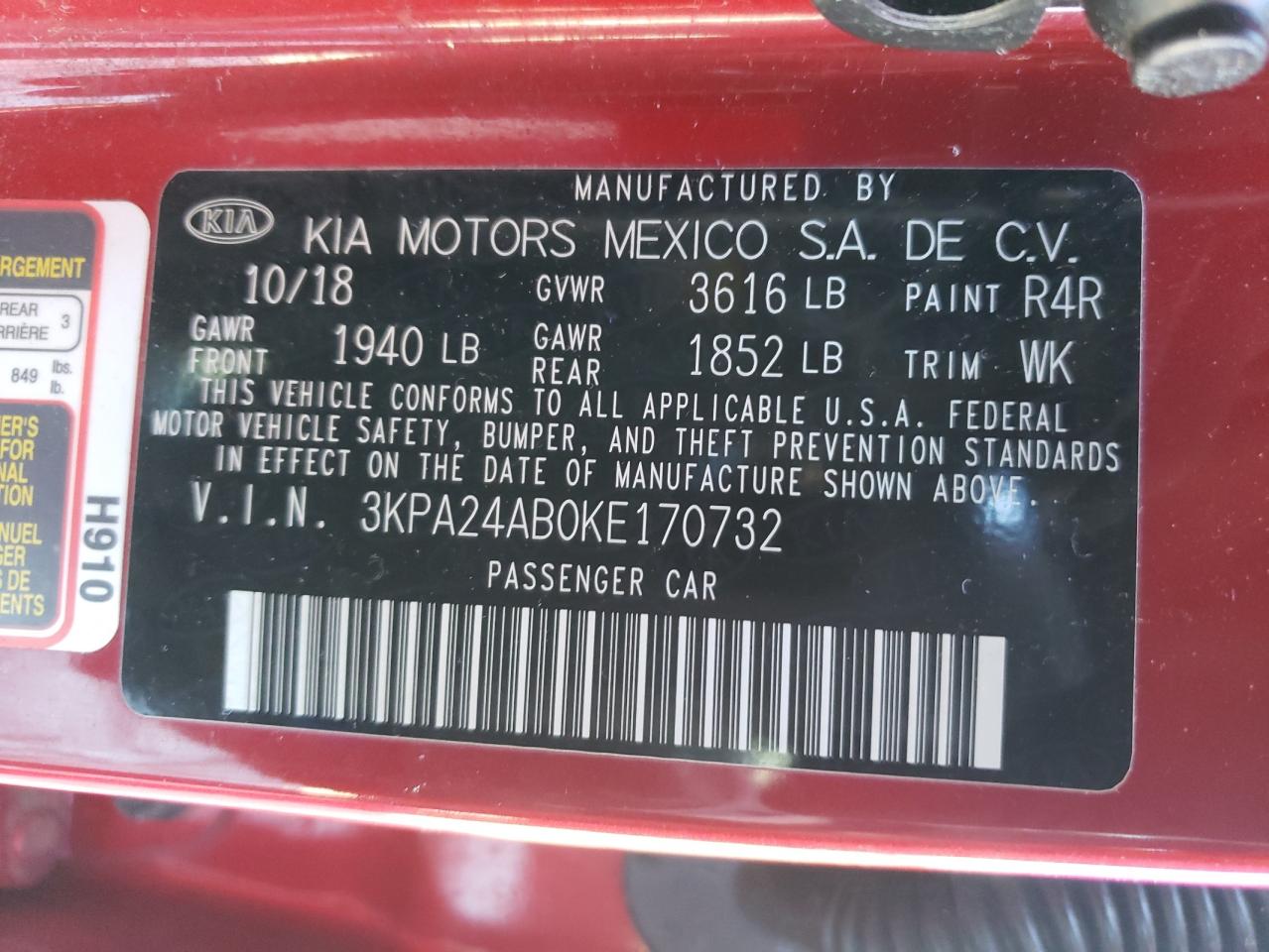 Photo 10 from auction – 2019 KIA RIO S with VIN 3KPA24AB0KE170732