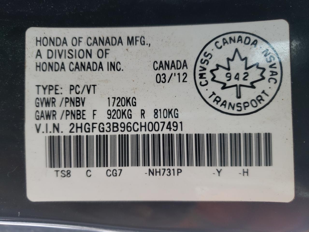Photo 10 from auction – 2012 HONDA CIVIC EXL with VIN 2HGFG3B96CH007491