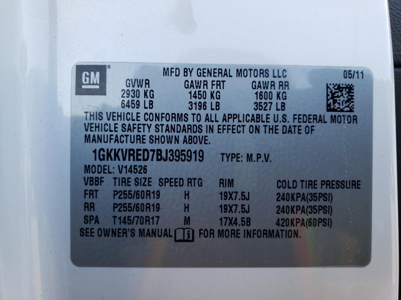Photo 10 from auction – 2011 GMC ACADIA SLT with VIN 1GKKVRED7BJ395919