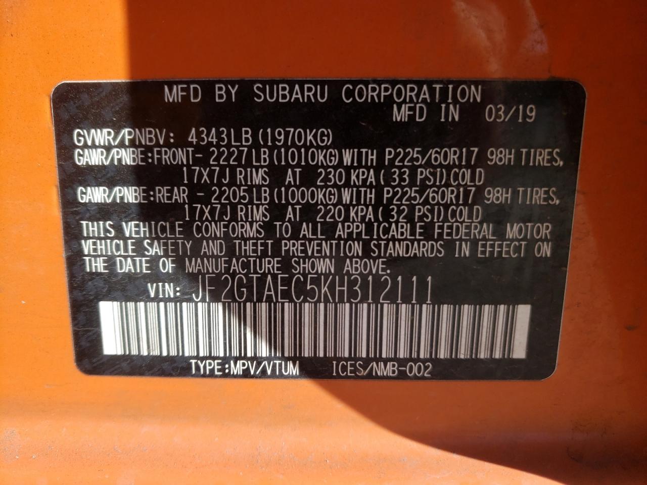 Zdjęcie 10 z aukcji – 2019 SUBARU CROSSTREK z VIN JF2GTAEC5KH312111