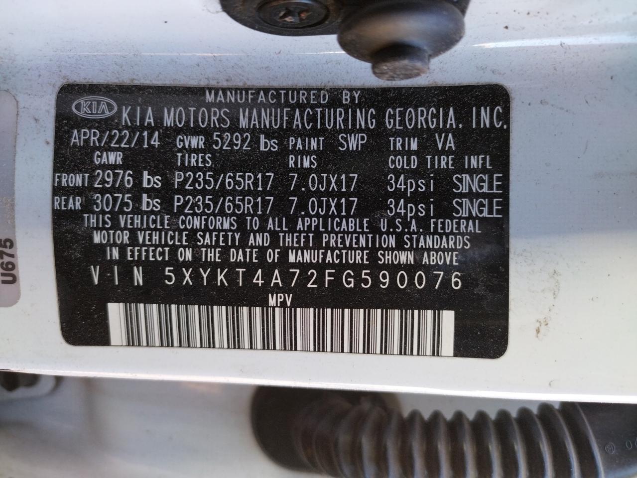 Photo 10 from auction – 2015 KIA SORENTO with VIN 5XYKT4A72FG590076