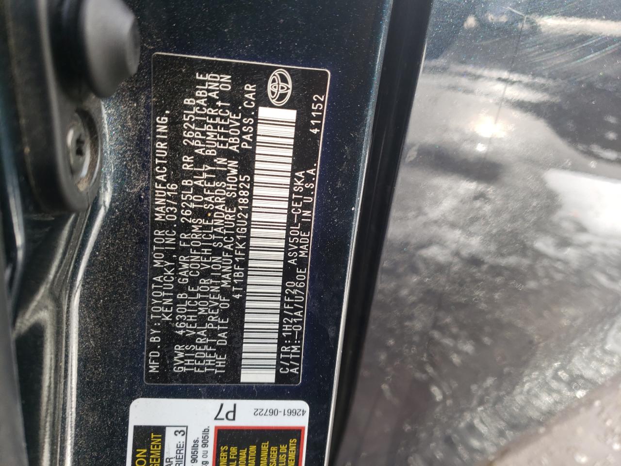 Photo 10 from auction – 2016 TOYOTA CAMRY LE with VIN 4T1BF1FK1GU218825
