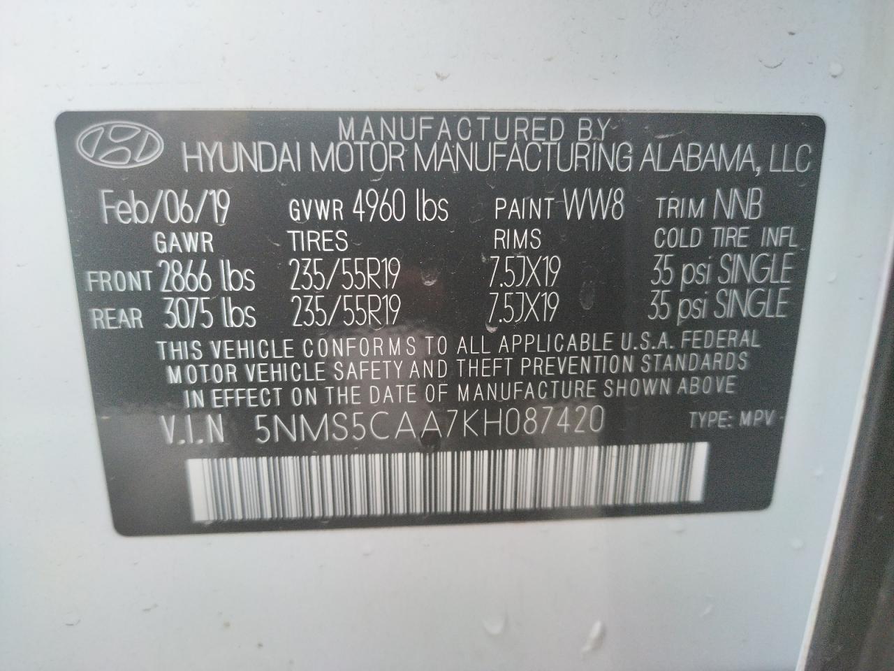 Photo 10 from auction – 2019 HYUNDAI SANTA FE L with VIN 5NMS5CAA7KH087420