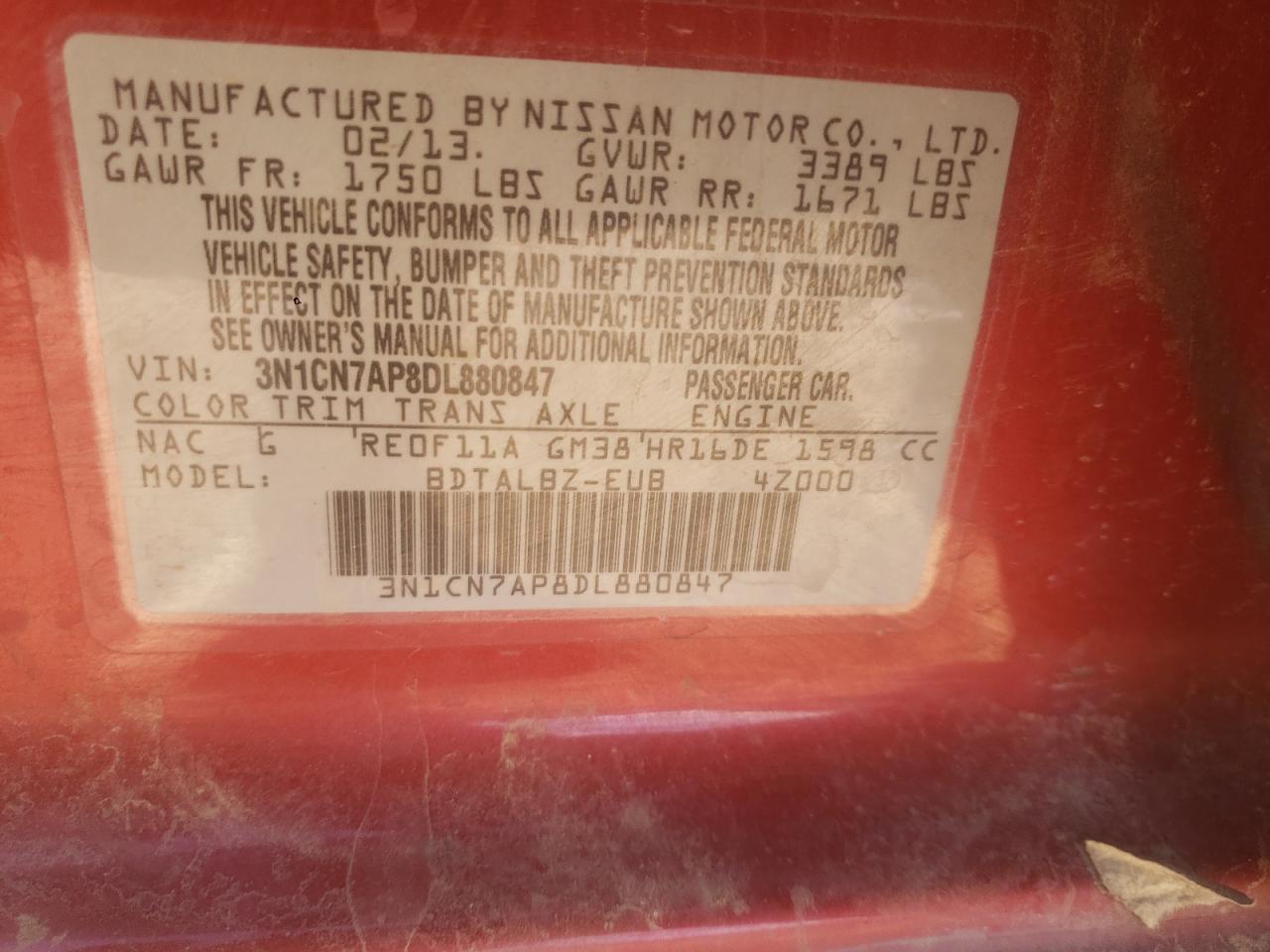 Photo 10 from auction – 2013 NISSAN VERSA S with VIN 3N1CN7AP8DL880847