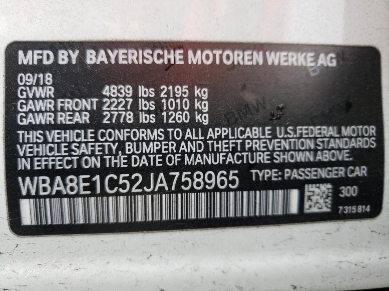 Photo 10 from auction – 2018 BMW 330E with VIN WBA8E1C52JA758965