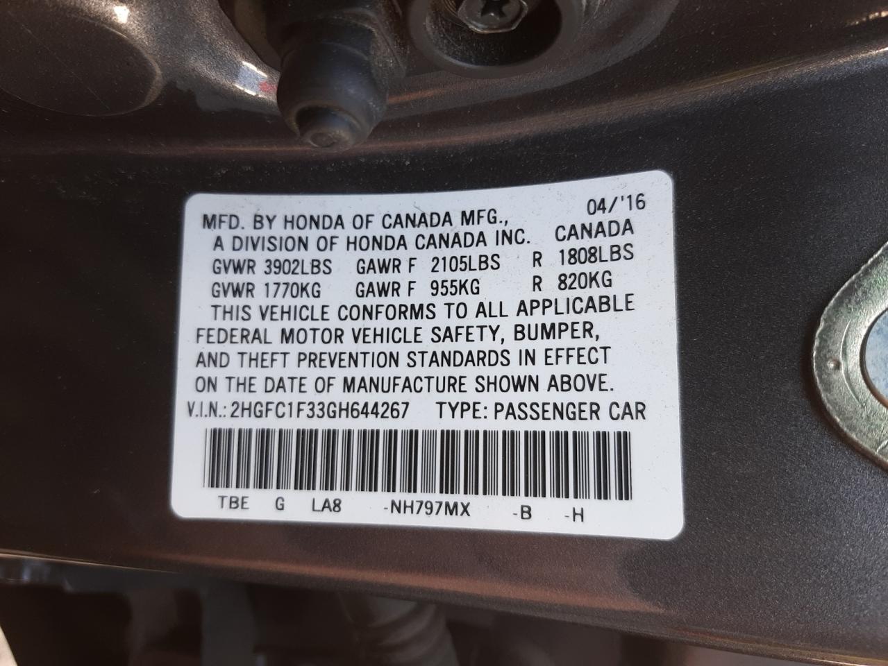 Photo 10 from auction – 2016 HONDA CIVIC EX with VIN 2HGFC1F33GH644267