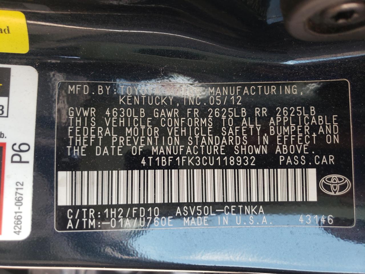 Photo 10 from auction – 2012 TOYOTA CAMRY BASE with VIN 4T1BF1FK3CU118932